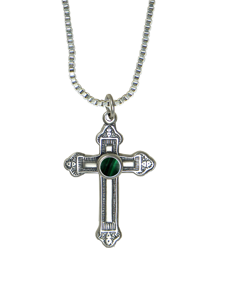 Sterling Silver Small Medieval Cross Pendant With Malachite